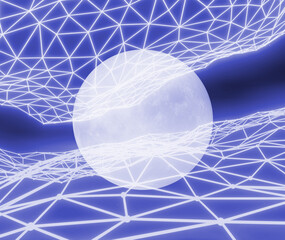 Full moon with glowing futuristic grid, 3d illustration