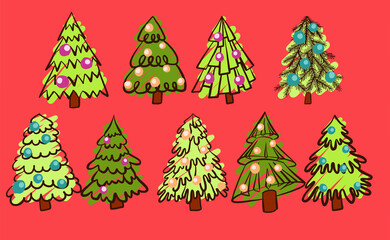 Banner with green fir christmas tree drawing on red background. Cartoon vector illustration. Vector festive illustration. Vector design element. Outline symbol collection.
