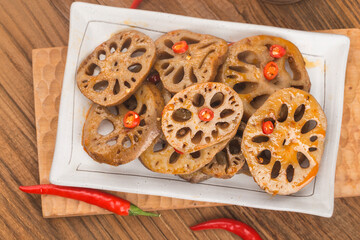 close up of a bowl of lotus root