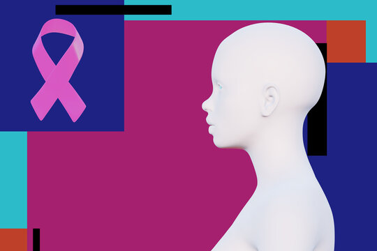 minimal female bald head with pink ribbon on color background, side view, breast cancer awareness concept, place for text, 3d render