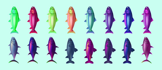 set of trout fish cartoon icon design template with various models. vector illustration isolated on blue background
