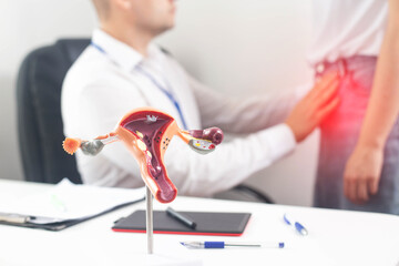 Gynecologist doctor conducts a medical examination of a girl who has pain in the lower abdomen....
