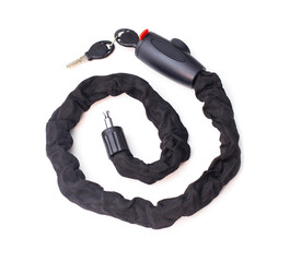 Anti-theft security lock for motorcycle and moped with key on white background, isolate. Close-up, safety