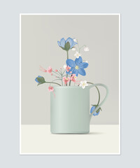 Poster design, flower arrangement in light green coffee cup