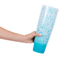 Hand with Glass vase for flowers. Isolated on white background.