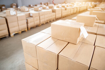 Cardboard boxes in storage at the production warehouse. Warehouse concept for groceries and food products, background, sun