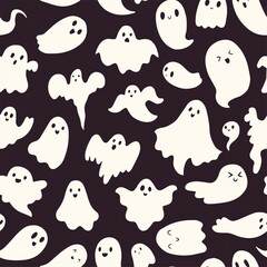 Doodle cute ghosts Haloween seamless pattern. Background with simple spooky character or scary ghostly monsters. 