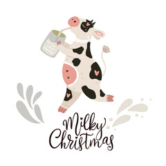 Christmas cute cartoon cow. Vector poster with hand drawn lettering - Milky Christmas. Animal comic card with milk, greeting card and apparel print on white. New Year 2021.