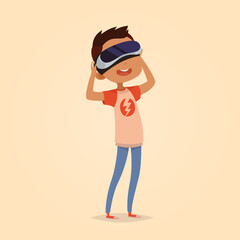 Cute vector illustration for children. Cartoon style. Isolated character. Modern technologies for kids. Boy with virtual reality device.