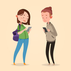Obraz premium Cute vector illustration for children. Cartoon style. Isolated character. Modern technologies for kids. Boy and girl with smart phones.
