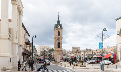 The Yossi Carmel Square and the famous Clock Tower in old Yafo in Israel
