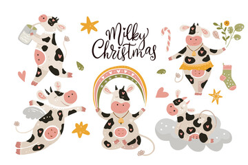 Obraz na płótnie Canvas Christmas cute cartoon cow vector clip art set. Cheerful animal collection with winter decorations rainbow and stars. New Year 2021.