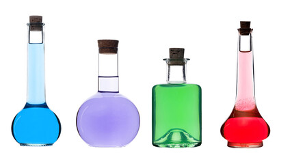Transparent glass bottles isolated on white background. Corked bottles of mysterious liquids. Magic spells, potions and elixirs concept.