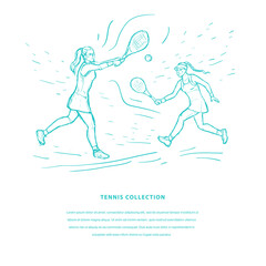 Man and woman playing tennis together at the court. Tennis sports contest. Sketch vector hand drawn Illustration on white background.  Racket sport game