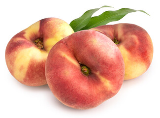 Donut peach fruit with leaf isolated on white background, Fresh White Peach on White Background (With clipping path)