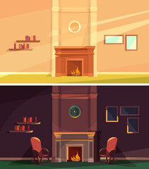 Home interior at different times of day. Living room with fireplace.