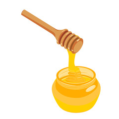 Glass jar of honey with a wooden spoon. with which honey drips