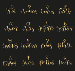 Fototapeta na wymiar Gold lettering and icon of planet in astrology - Vector illustration with sign Mars, Venus, Mercury, Moon, Sun, Jupiter, Saturn, Pluto, Uranus, Neptune, Vesta, Pallas, Juno, Chiron, Ceres.