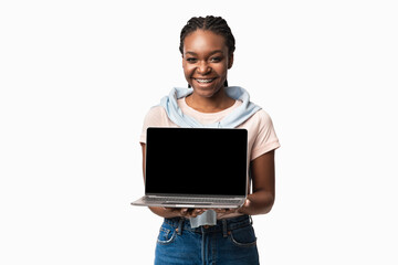 Black Woman Holding Laptop With Empty Screen On White Background