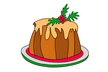 Christmas pudding with cream on a plate.Homemade holly berry cake dessert.Christmas and winter holiday food isolated on white background.Flat design. Traditional holiday food.Stock vector illustration