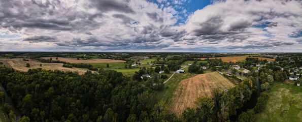 Aerial view of agriculture fields surrounding Salt River bend near Harrodsburg, Kentucky 