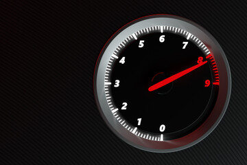 3D illustration close up black car panel, digital bright tachometer. Tachometer arrow shows maximum speed