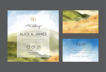 wedding invitation cards with pine forest landscape watercolor	
