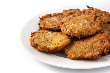 Traditional Jewish latkes or potato pancakes isolated on white background