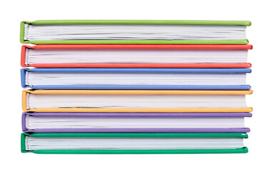 A stack of colored books, isolated on white background.
