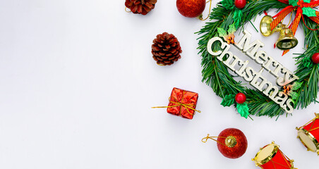 christmas and happy new year background with festive decoration and copy space. top view. flat lay