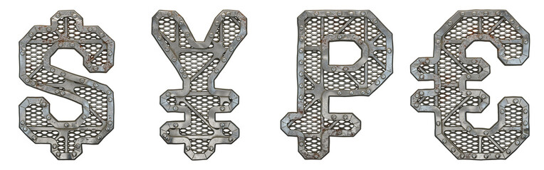 Mechanical alphabet made from rivet metal with gears on white background. Set of symbols dollar, yen, rouble and euro. 3D