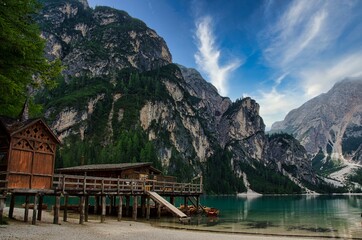 lake braies in val pusteria in trentino alto adige, a few kilometers from austria
