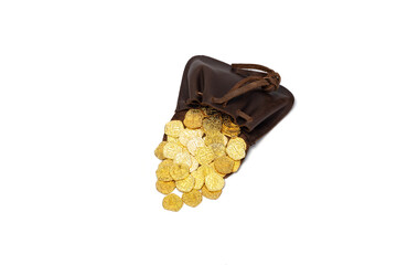 Gold coins in a vintage leather pouch isolated on white background. 