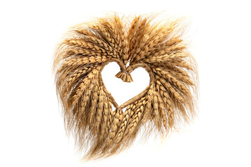 Wheat Heart. Heart shape made of golden wheat stems isolated on white background as a design element for love and harvest themes.