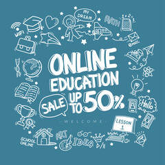 online education discount doodle icons pattern background. hand drawn cartoon education sign and stationery supply item and icon symbols isolated on blue background