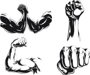 Silhouette mma fighter bodybuilder arm logo isolated vector icon illustration on black and white style