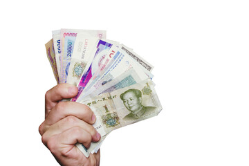 Holding money. Different currency bills in hand. Business background. Cash isolated on white.