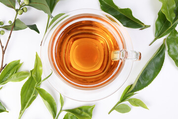 different types of fresh raw green tea leaf flower bud transparent glass teacup liquid tea on white background