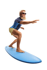 Bearded guy with sunglasses riding a surfboard - obrazy, fototapety, plakaty