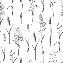 Fototapeta premium Hand drawn meadow grass seamless pattern for eco design.