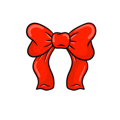 Red bow with ribbon. Set of color and black and white objects. Cartoon illustration. Clothing decoration and women hair accessories