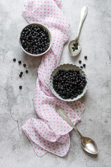 Fresh picked blueberries on table, healthy seasonal raw fruits