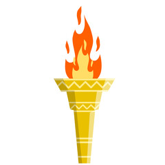 Torch with fire. Greek golden Symbol of sports competitions. The concept of light and knowledge. Flat cartoon illustration. Olympic flame