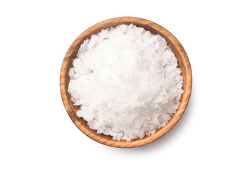 Naklejka na ściany i meble Natural sea salt in wooden bowl isolated on white background. clipping path.