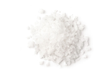 Obraz na płótnie Canvas Flat lay (top view) pile of natural sea salt isolated on white background.