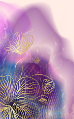 Background with gold flower and ink or watercolor texture. - 383067582