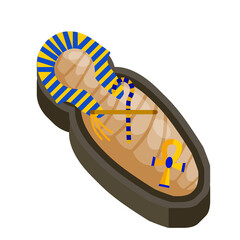 Mummy in sarcophagus. Egyptian king. Archaeology and Halloween monster. Golden scepter and symbol of immortality. Flat cartoon illustration. Body of Pharaoh