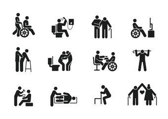 old people care activities icon set