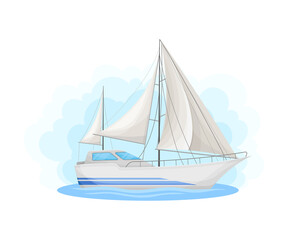 Luxury Yacht with Cabin and Sails as Water Transport Vector Illustration