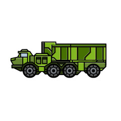 Military truck. Army transport. Transportation of cargo and ammunition. Modern technology in protective green color. Cartoon illustration isolated on white